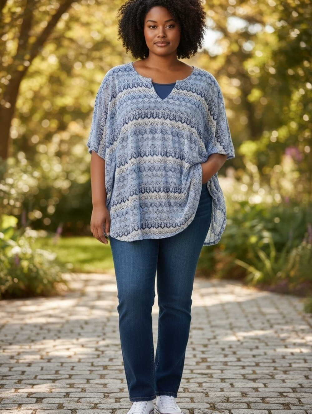 JM Collection Blue & White Geometric Scoop Neck Tunic
